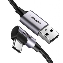 Кабель UGREEN US284-50941, USB-A 2.0 to Type C (90°),  3A, в оплётке, 1m, Black (50941)- фото