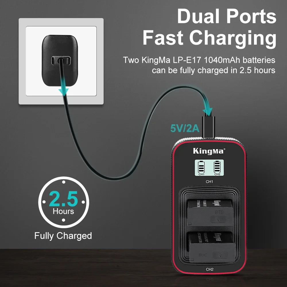 Зарядное устройство Kingma BM058 + 2 аккумулятора LP-E17 (1040mAh) фото-3