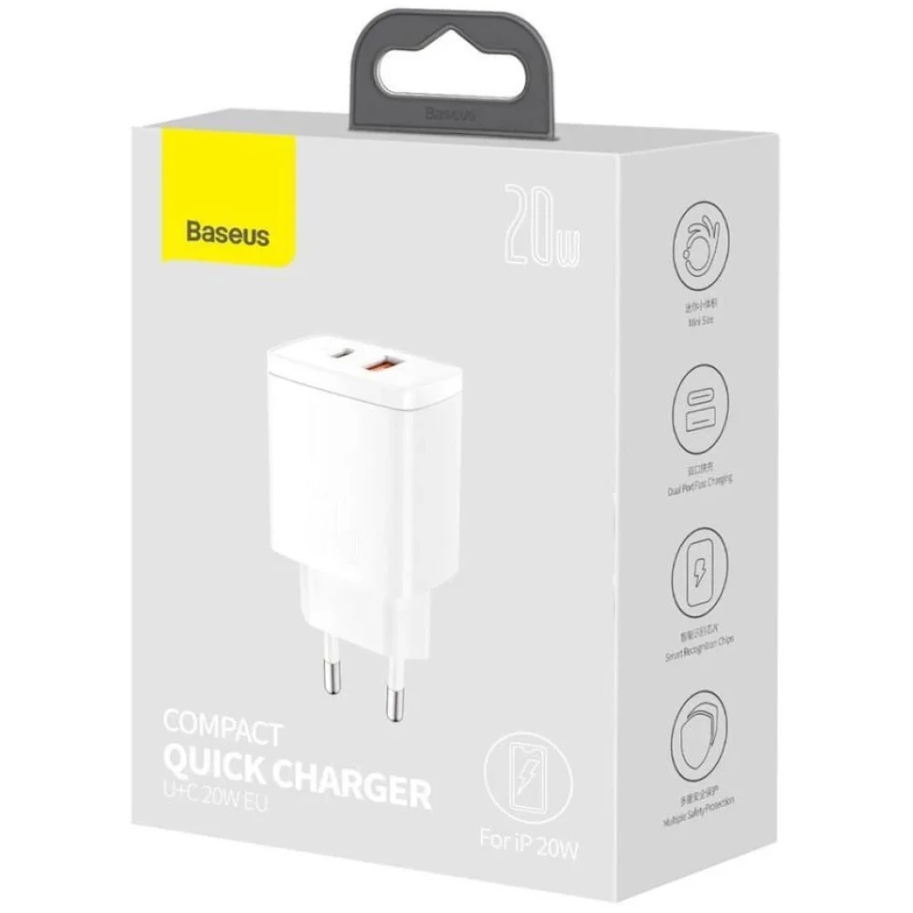 Сетевое зарядное устройство Baseus CCXJ-B02 Compact Quick Charger USB+Type-C 20W White  фото-9