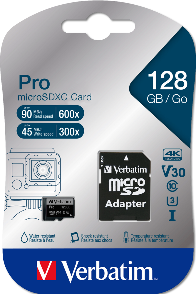 Карта памяти Verbatim Pro microSDXC 128GB UHS-I U3 V30, R/W 90/45 МБ/с с адаптером фото-3