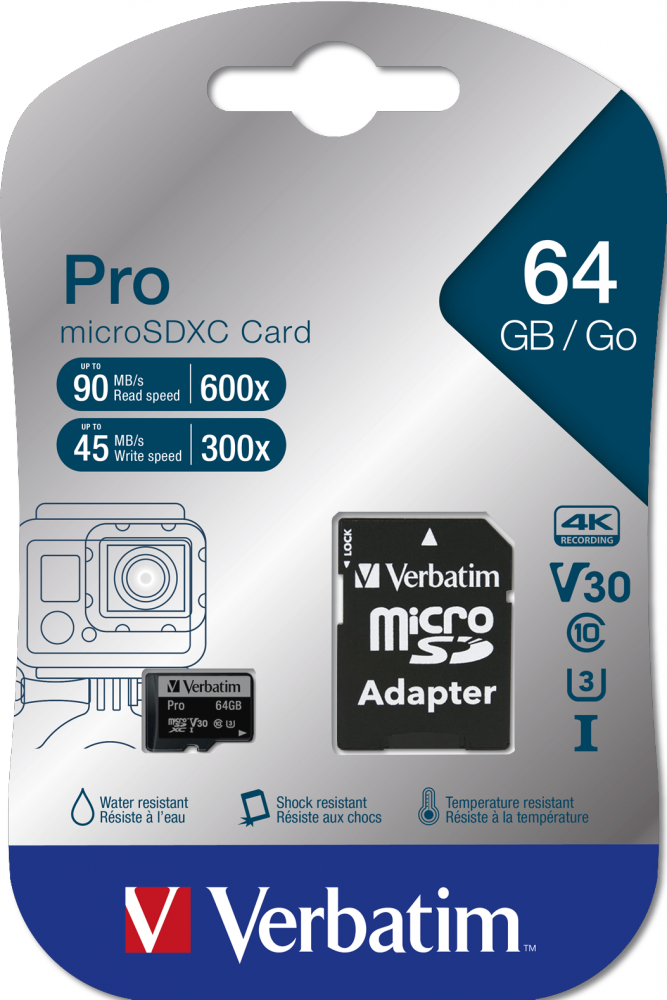 Карта памяти Verbatim Pro microSDXC 64GB UHS-I U3 V30, R/W 90/45 МБ/с с адаптером фото-3