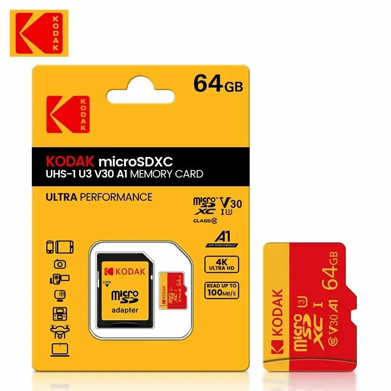 Карта памяти Kodak Ultra Performance 64GB microSDXC UHS-I U3 V30 A1, с адаптером Карта памяти Kodak Ultra Performance 64GB microSDXC UHS-I U3 V30 A1, с адаптером