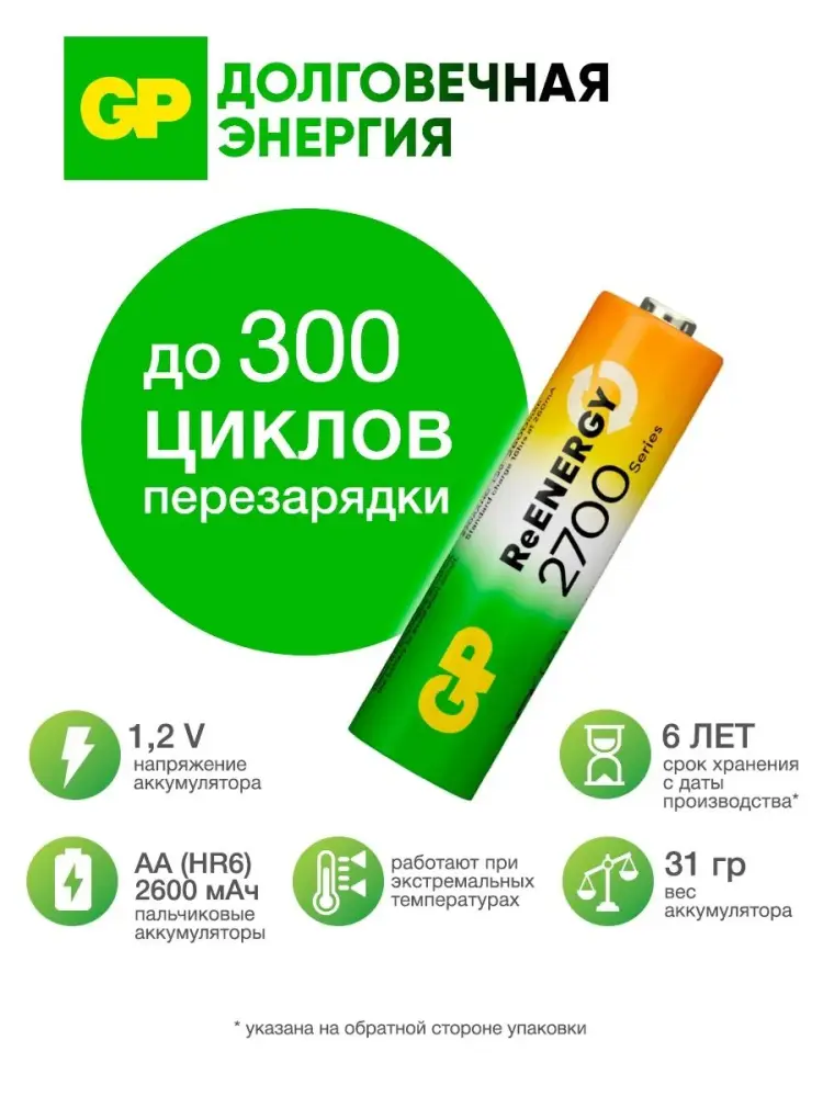 Аккумуляторы GP AA R6 2600mAh Ni-MH, 4 шт. фото-4