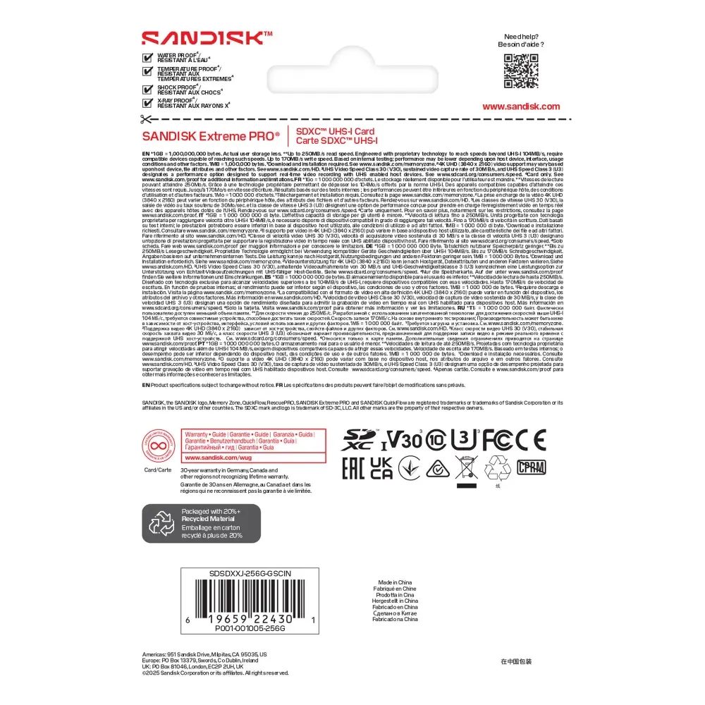 Карта памяти SanDisk SDXC 256GB Extreme Pro UHS-I V30 U3 R250/W170 МБ/с фото-5