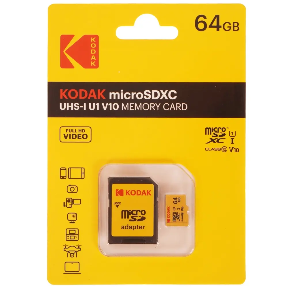 Карта памяти Kodak 64GB microSDXC UHS-I U1 V10 A1, R/W 85/25 МБ/с желтая с адаптером Карта памяти Kodak 64GB microSDXC UHS-I U1 V10 A1, R/W 85/25 МБ/с желтая с адаптером