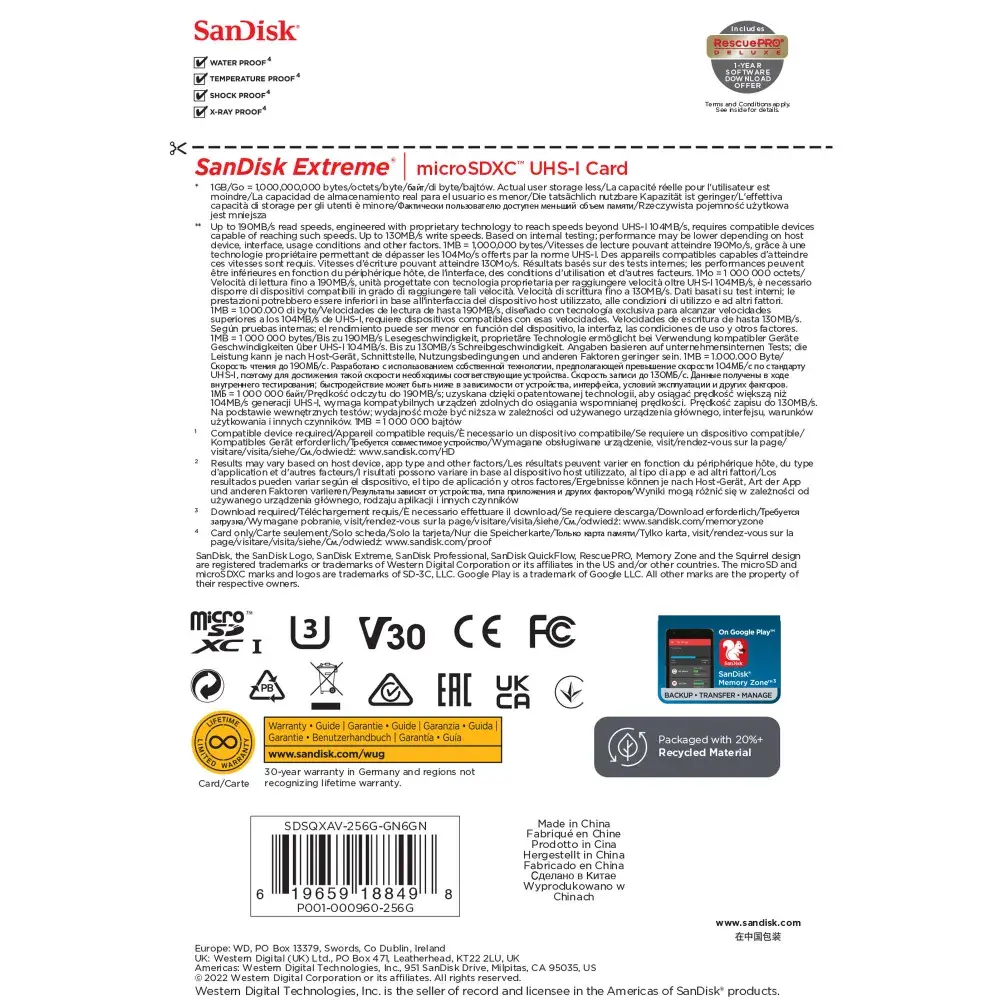 Карта памяти SanDisk microSDXC Extreme UHS-I U3 V30 A2 (190/130MB/s) 256GB фото-4