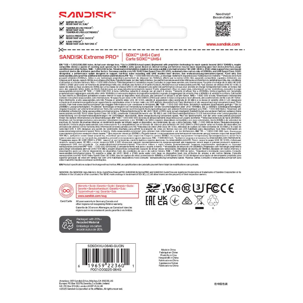 Карта памяти SanDisk SDXC 64GB Extreme Pro UHS-I V30 200/90 Mb/s фото-5 Карта памяти SanDisk SDXC 64GB Extreme Pro UHS-I V30 200/90 Mb/s фото-5