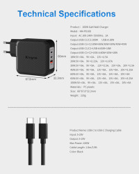 СЕТЕВОЕ ЗАРЯДНОЕ УСТРОЙСТВО Kingma 100W GaN USB Charger, мощность до 100W, 2 порта USB-C + USB-A- фото6