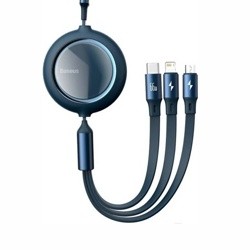 Кабель Baseus CAMLC-MJ03 Bright Mirror One-for-three Retractable Data Cable USB to Micro USB + Lightning + Type-C 66W 1.2m Blue- фото5